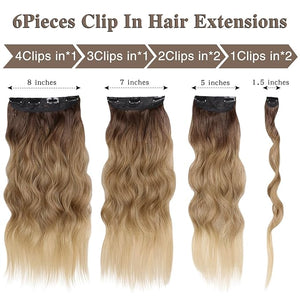 WECAN Clip in Hair Extension 24 Inch Omber Blonde 6PCS Long Wavy Curly Hairpieces for Women Natural Thick Synthetic Fiber Double Weft Hair Full Head
