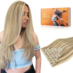 DOORES Seamless Clip-in Hair Extensions, Light Blonde Highlighted Golden Blonde 130g 9pcs 14 Inch, Invisible Edge Virgin Human Hair Extensions