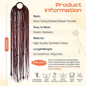SEIKEA Boho Braided Ponytail Extension with Hair Tie 24 Long Viking Dreadlock Beads Ponytail Hand-braided Braids Hair Extensions Lightweight Natural Synthetic Hairpiece for Festival Cosplay Wine Red
