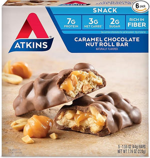 Atkins Caramel Chocolate Nut Roll Snack Bar Protein Snack High in Fiber 2g Sugar 30 Count