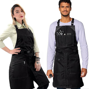 Under NY Sky Cross-Back Barber Black Apron ? Heavy-Duty Nylon Water and Chemical Resistant Zipped Pockets No-Tie Split-Leg ? Adjustable for Men Women ? Pro Hair Stylist Salon Colorist Artist