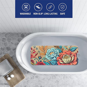 Bohemia Floral Bathtub Mat Non Slip for Kids 40x16in Extra Long Anti Slip Bath Mat for Tub Boho Flower Bath Shower Mat with Large Drain Holes and Suction Cups Vintage Plant Design Bathroom Decor