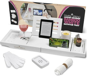 Temple Spring Wooden Bathtub Tray Bamboo Bathroom Accessories Bath Tray for Tub at Home Spa Essentials Board for Tub Table Bath Caddy for Bathtub Accessories &amp Bathroom Essentials ? White