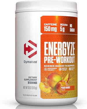 Dymatize Energyze Pre Workout Powder for Men and Women Peach Mango 150mg Caffeine 5g BCAAs Performance Blend of L-Theanine L-Tyrosine L-Citrulline No Sugar (30 Servings)
