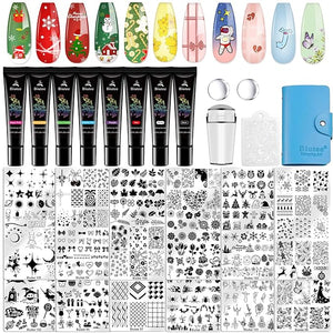 Biutee Nail Stamping Plate Set 12PCS Nail Art Stamp Plates 8PCS Stamping Nail Gel Polish, Nail Stamper and Scraper, Halloween Christmas Butterfly Leaves Bow Design Nail Stamping Kit with Storage Bag