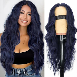 AISI HAIR Dark blue Wigs for Women Long Wavy Lace Hairline Middle Part Synthetic Heat Resistant Wig for Daily Party-26 Inch