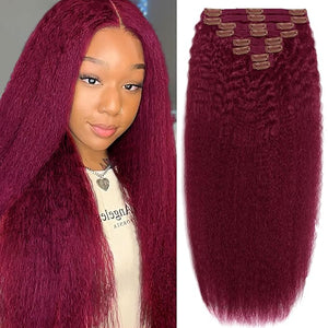 Clip in Hair Extensions Real Human Hair 120g 22inch Kinky Straight Clip ins 8pcs with 18clips Per Set Burgundy Soft Long Remy Human Hair Extensions Seamless Extensions Human Hair