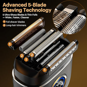 Electric Foil Shaver for Men ? 5 Blade Razor for Short Beard USB-C Rechargeable LED Display IPX7 Waterproof Wet/Dry Portable Travel &amp Gift Set FX80 Black