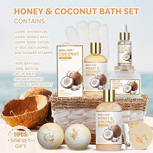Spa Gift Basket for Women, 11pcs Honey &amp; Coconut Luxury Bath Gift Set, Spa Kit with Shower Gel, Bubble Bath, Bath Bombs , Christmas Gifts for Her, Women, Mom Birthday