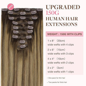 GOO GOO Clip in Hair Extensions Real Human Hair Remy Human Hair Extensions Clip ins for Women Natural Human Hair 22inch 220g 9Pcs #4/27/4 Balayage Chocolate Brown to Caramel Blonde
