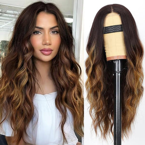 AISI HAIR Long Wavy Brown with Blonde Highlight Lace Hairline Wigs for Women Middle Part Synthetic Heat Resistant Wig for Daily Party-26 Inch