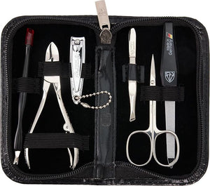 3 Swords Germany - brand quality 6 piece manicure pedicure grooming kit set genuine leather case black Made in Germany