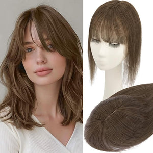 Rich Choices Real Human Hair Toppers for Women 3D Cover Clip in Bangs 100% Remy Human Clip in Silk Base Hair Topper with Bang for Thinning 150% Density 8 Inch #2 Dark Brown