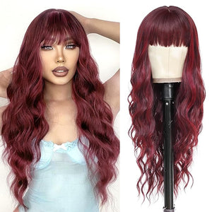 NAYOO Long Burgundy Wigs with Bangs for Women - Curly Wavy Synthetic Fiber Wigs - Heat Resistant - 26 Inches (Wine Red)
