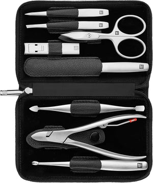 ZWILLING Manicure Set (8 piece comprehensive nail care pedicure travel size genuine leather case with zipper) Premium Black