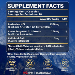 Berberine Supplement High Strength Berberine 1500MG 180 Caps - Plus Citrus Bergamot Berberine HCI Root Supplements - Metabolic AMPK Support Healthy Weight Management - Vegan Organic Non-GMO