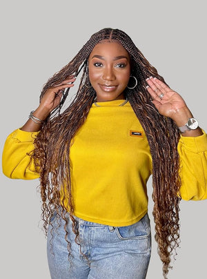 Mila Full Lace Bohemia Braided Wigs - 34 Human Hair Boho Curls and Synthetic Braids Hand-Tied Full Lace Knotless Natural Scalp Pre-Plucked - Ombre Brown 1B/30