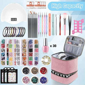 Corduroy Nail Polish Organizer and Nail Lamp Case, Nail Kit Organizer Holds 30 Bottles (15ml - 0.5 fl.oz) and a Nail Lamp, Nail Polish Carrying Case with Manicure Tools Storage Sections (Pink)