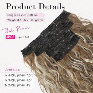 REECHO Hair Extensions 4PCS Clip in Hair Extensions 12 Short Curly Wavy Brown Invisible Lace Weft Natural Soft Hairpieces for Women ? Ash Brown with Highlights
