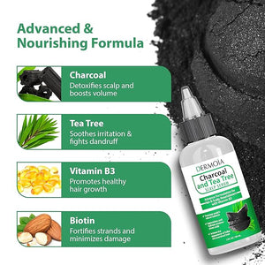 Scalp Serum with Charcoal + Tea Tree - Non GMO Scalp Moisturizer for Dry Itchy Scalp Relief - Fragrance Free Serum with Tea Tree Oil for Scalp Treatment - Rejuvenating Hair Serum with Vitamin