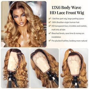 Ombre Lace Front Wig Human Hair 32 Inch 13x6 Body Wave Chocolate Brown to Honey Blonde Lace Frontal Pre Plucked with Baby Hair Curly Wavy Glueless Wigs for Black Women 4T27 180% Density Bleached Knots