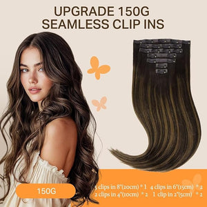 DOORES Seamless Clip in Hair Extensions, Dark Brown to Chestnut Brown 7pcs 24 Inch 160g, Thick Silky Clip in Extensions Remy Thin Weft Invisi Edge