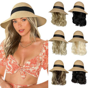 Sun Hat with Hair Extensions Hat Wig UPF 50+ Foldable Wide Brim Straw Beach Hat Attached 9 Wavy Hairpiece Synthetic for Women Summer Dark Brown