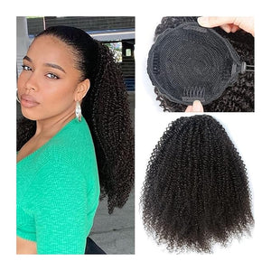 Hair Buns Hair Piece 12-26 Inches Afro Curly Ponytail Hair Extensions with Drawstring Hair Comb Wig Brazilian Real Hair for Black Women Hair Accessories For Girls ( Color : Black  Size : 26Inch 100g