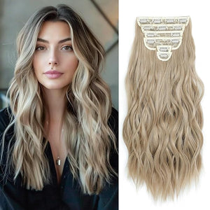 Clip in Hair Extensions for Women, Natural Light Brown Mix Blonde, 20 Inch 6PCS Hairpieces Long Wavy Soft Hair Extensions clip ins