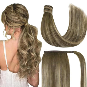 Ve Sunny Ponytail Extension Real Human Hair for Women Clip in Ponytail Hair Extension Straight Hair Pieces Wrap Around Darker Brown Fading To Ash Brown Mix Light Blonde Balayage 22inch 80G