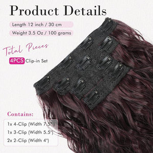 REECHO 4PCS Clip in Hair Extensions - 12 Short Curly Wavy Brown Invisible Lace Weft Natural Soft Hairpieces for Women - Burgundy