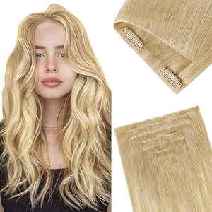 GOO GOO Invisi Edge Clip in Hair Extensions 20inch 110g 7Pcs Injected Seamless PU Clip in Hair Extensions Virgin Real Human Hair #18AT60A Pearl Ash Blonde Highlights