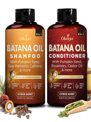 Batana Oil Shampoo &amp Conditioner Bundle (Okaga Shower Set) with Aloe Vera Leaf Juice Saw Palmetto Caffeine Biotin Jojoba Pumpkin Seed Castor Rosemary &amp Hydrolyzed Rice Protein