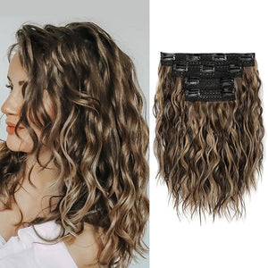 REECHO Clip in Hair Extensions - 4PCS 12" Short Curly Wavy Brown with Highlights