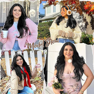 ALXNAN Hair Extensions 4PCS Clip in Hair Extensions16 Inches Black Long Wavy Natural Soft Synthetic Hairpieces for Women