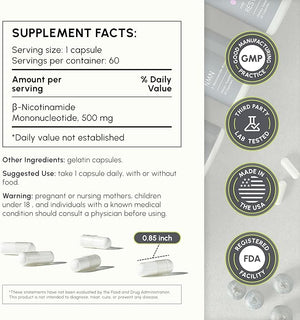 NMN Supplement 500mg ? Nicotinamide Mononucleotide NMN &amp Booster for Cellular Energy Longevity &amp Healthy Aging ? 2-Month Supply (60 Capsules)