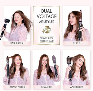 ELLA BELLA¢ç 6 in 1 Professional Hot Air Styler Dual Voltage ? Powerful Hair Dryer &amp; Straightener Set ? Styling Without Heat Damage ? Fast Drying Curling Volumizing Straightening ? with Travel Case