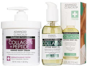 Advanced Clinicals Collagen Peptides Firming Body Lotion Face Cream + Collagen Body Oil Moisturizer 2PC Skin Care Set For Women &amp; Men | Skin Tightening Dry Skin Moisturizing Cream &amp; Massage Oi