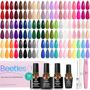 Beetles Winter Gel Nail Polish Set, 70 PCS 60 Colors Red Green Pink Brown Blue Nude Glitter Gel Nail Polish Kit with Base Top Coat for Beginners UV LED Needed DIY Salon Christmas Gifts for Women