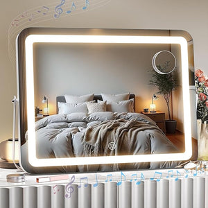MINISO Vanity Mirror with Lights and Bluetooth Speaker 17.7 x 13.8 LED Makeup Mirror Light &amp Brightness Smart Sensor Aluminum Alloy Metal White Frame with 10X Magnifying Glass