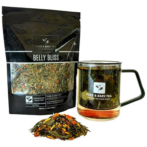 Pure And Easy Tea, Belly Bliss, Natural Detox &amp; Bloating Relief Tea, 100% Natural Loose Leaf Slimming Blend with Yerba Mate, Dandelion Leaf, Caffeinated, 30-Day Supply, 100g