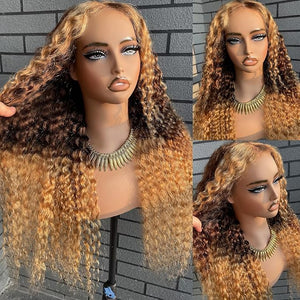 MEGOOD 250% Density 13x6 Highlight Ombre Lace Front Wig Human Hair 13x6 HD Honey Blonde 4/27 Curly Wig Human Hair Pre Plucked Deep Wave Lace Front Wigs Human Hair Colored Wigs 20Inch