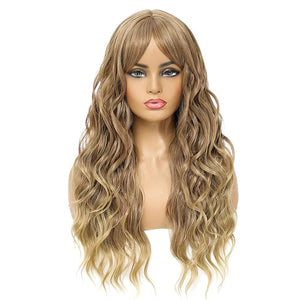 SWACC Long Curly Wavy Wig with Bangs Synthetic Hair Wig for Women with Wig Cap (Light Brown Beige Ombre)