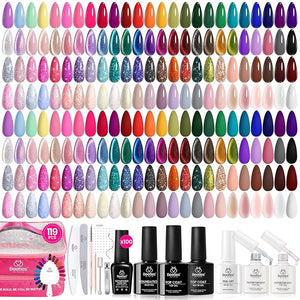 Beetles 100 Colors Gel Nail Polish Set, 119 PCS Nail Polish Kit All Season Cat Eye Pink Blue Jelly Glitter Pearl Gel Polish &amp; 5Pcs Base Top Coat Soak off UV Manicure Nail Art Home Gifts for Women