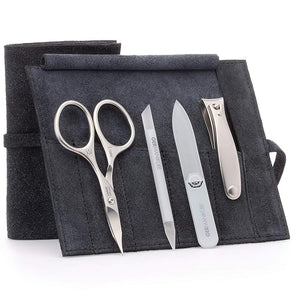 GERMANIKURE 4pc Mini Professional Manicure Set in Black Suede Case - FINOX Stainless Steel Tools Made in Solingen Germany, Glass Nail Care Supplies Made in Czech Republic