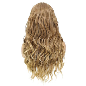 SWACC Long Curly Wavy Wig with Bangs Synthetic Hair Wig for Women with Wig Cap (Light Brown Beige Ombre)