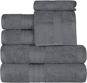 Superior 700 GSM Long Staple 100% Combed Cotton Durable Plush and Absorbent 6-Piece Single Ply Towel Set - Grey