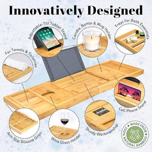 Home It Premium Foldable Bathtub Tray - Bamboo Waterproof Bath Tray for tub Caddy - Wooden Holder for Wine Book Soap Phone Luxury Gift for Men &amp Women - Expandable Fits Most Tubs in Bathroom