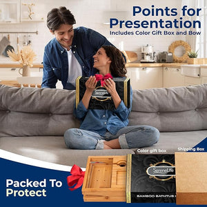 SereneLife Bathtub Tray - Expandable Bath Tray for Tub Foldable Adjustable Bamboo Caddy with Non-Slip Handles Device Holder and Wine Glass Slot for Bathing Luxury (Folding Hard Back Gift Set)