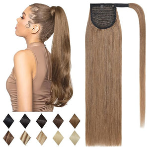 SEGO Ponytail Extension Human Hair Real Human Hair Clip In Wrap Around Long Straight Ponytail With Magic Paste Pony Hairpieces for Women -18 Inch 90g 6 Light Brown